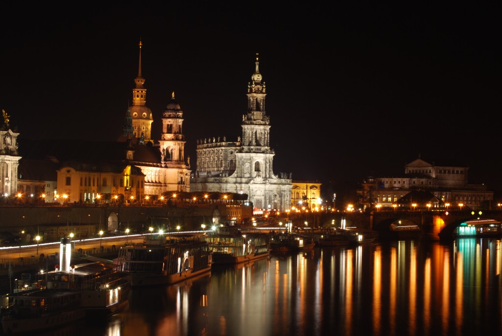 Dresden’s old city across the Elbe at night